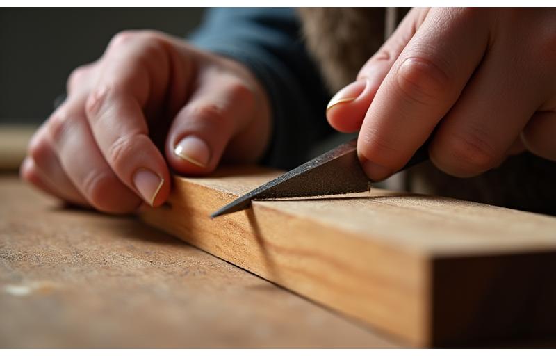Close-up of a craftsman's hands working on timber in a workshop