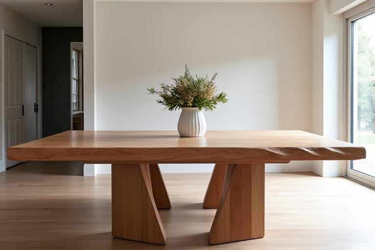 A handcrafted solid timber dining table with modern design, surrounded by natural light.