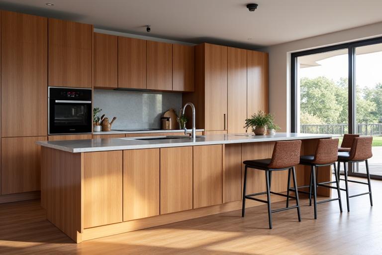 A beautifully crafted timber kitchen island and built-in cabinetry, showcasing intricate joinery.