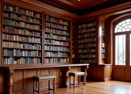 A custom built-in timber library with ladder, filled with books.