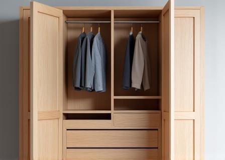 A custom timber wardrobe with integrated storage solutions.