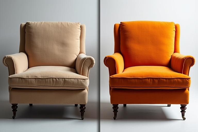 A side-by-side comparison of an old, worn armchair next to the same armchair fully reupholstered and restored.