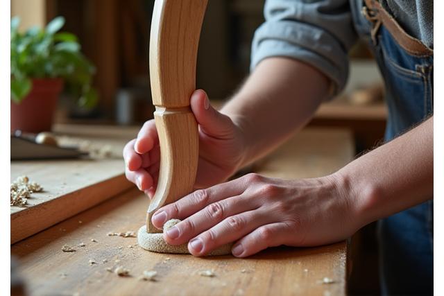 Experienced artisan working on a wooden frame at a workbench during a furniture restoration workshop