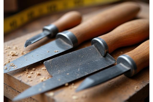 Close-up of neatly arranged woodworking tools on a workbench